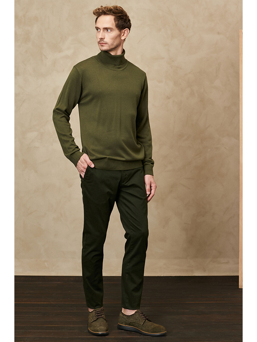 Erkek Haki Slim Fit Dar Kesim Esnek Chino Pantolon-1