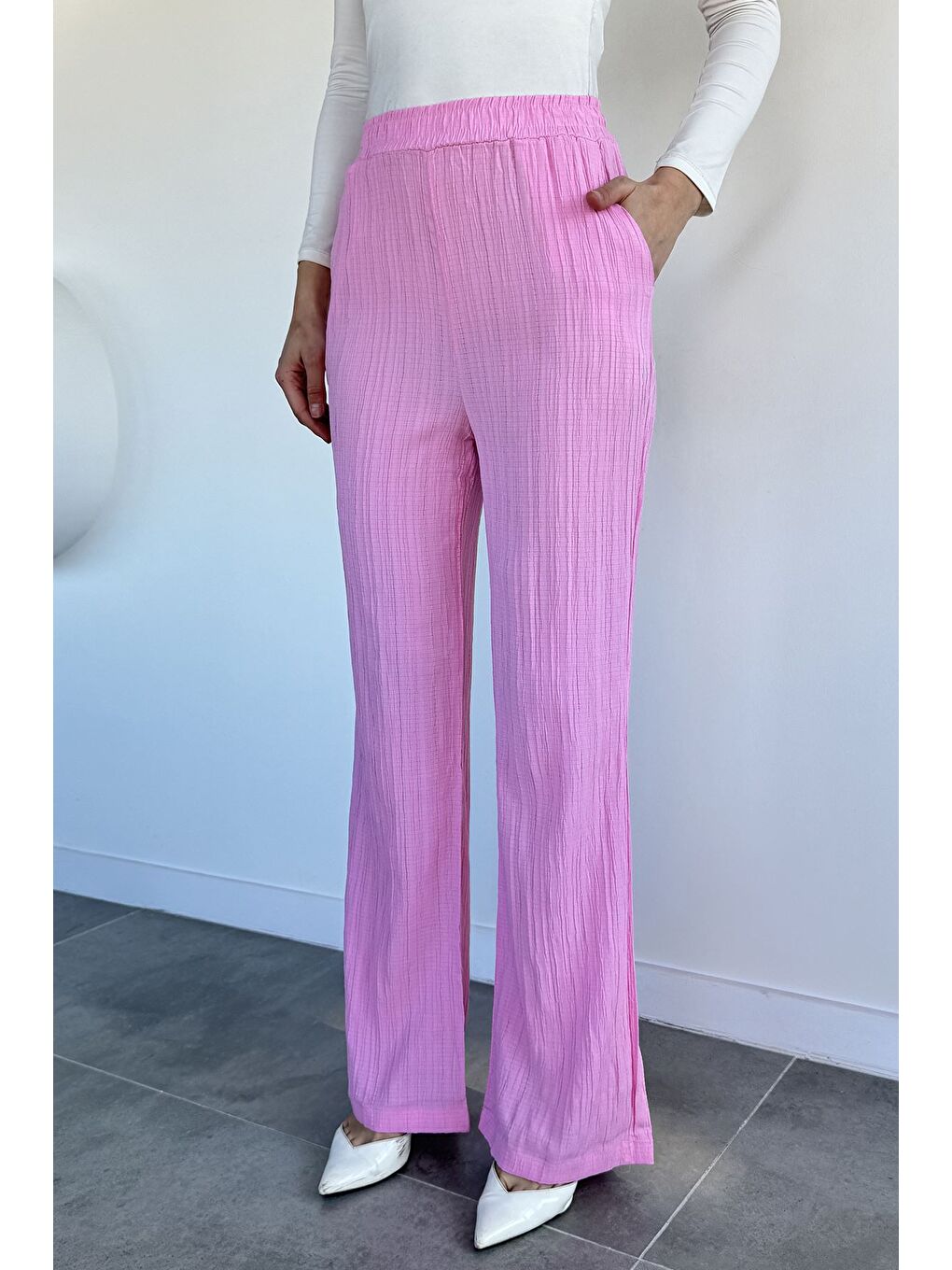 Pembe Kadın Bel Lastikli Pantolon-1