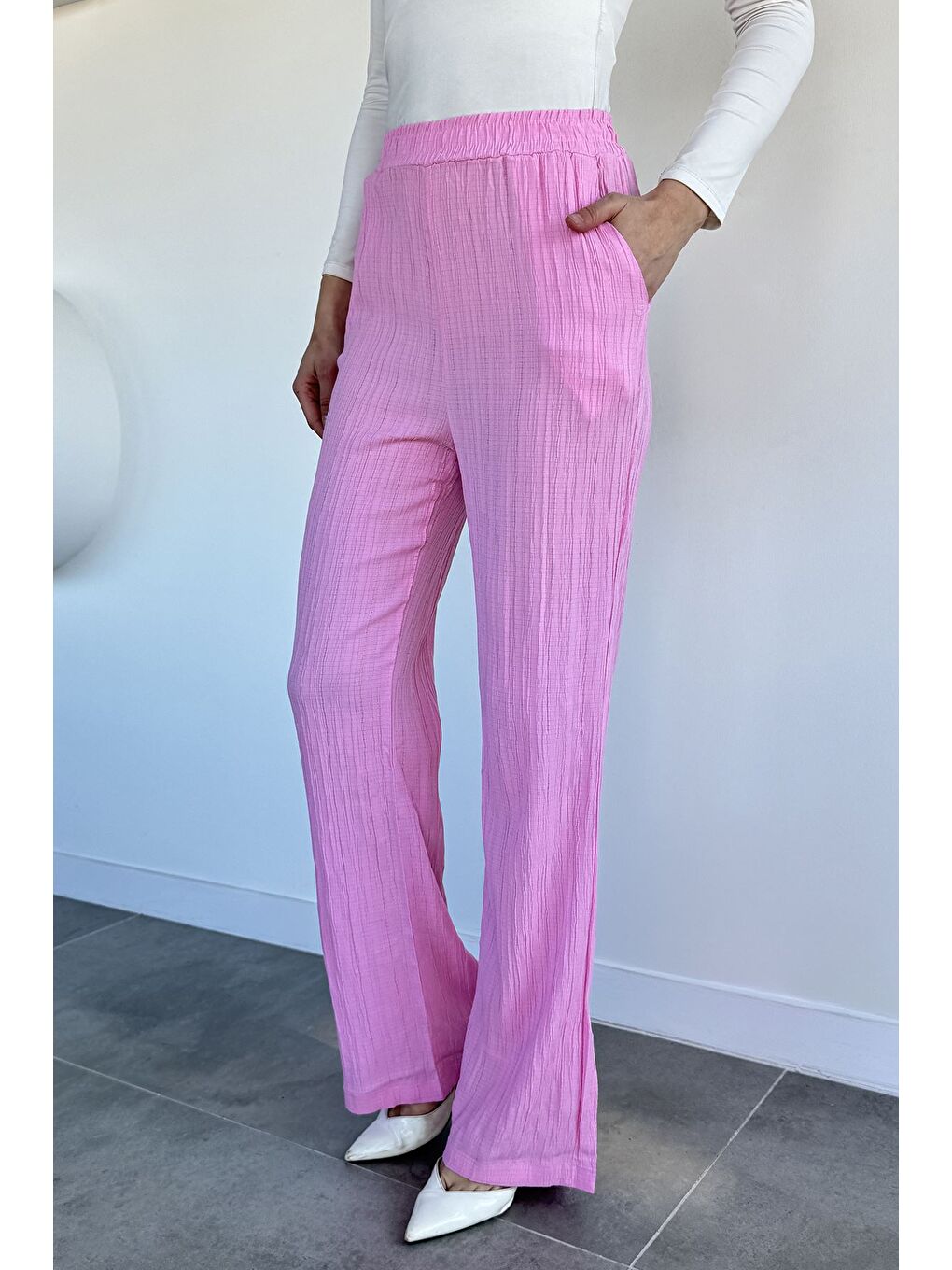 Pembe Kadın Bel Lastikli Pantolon-2