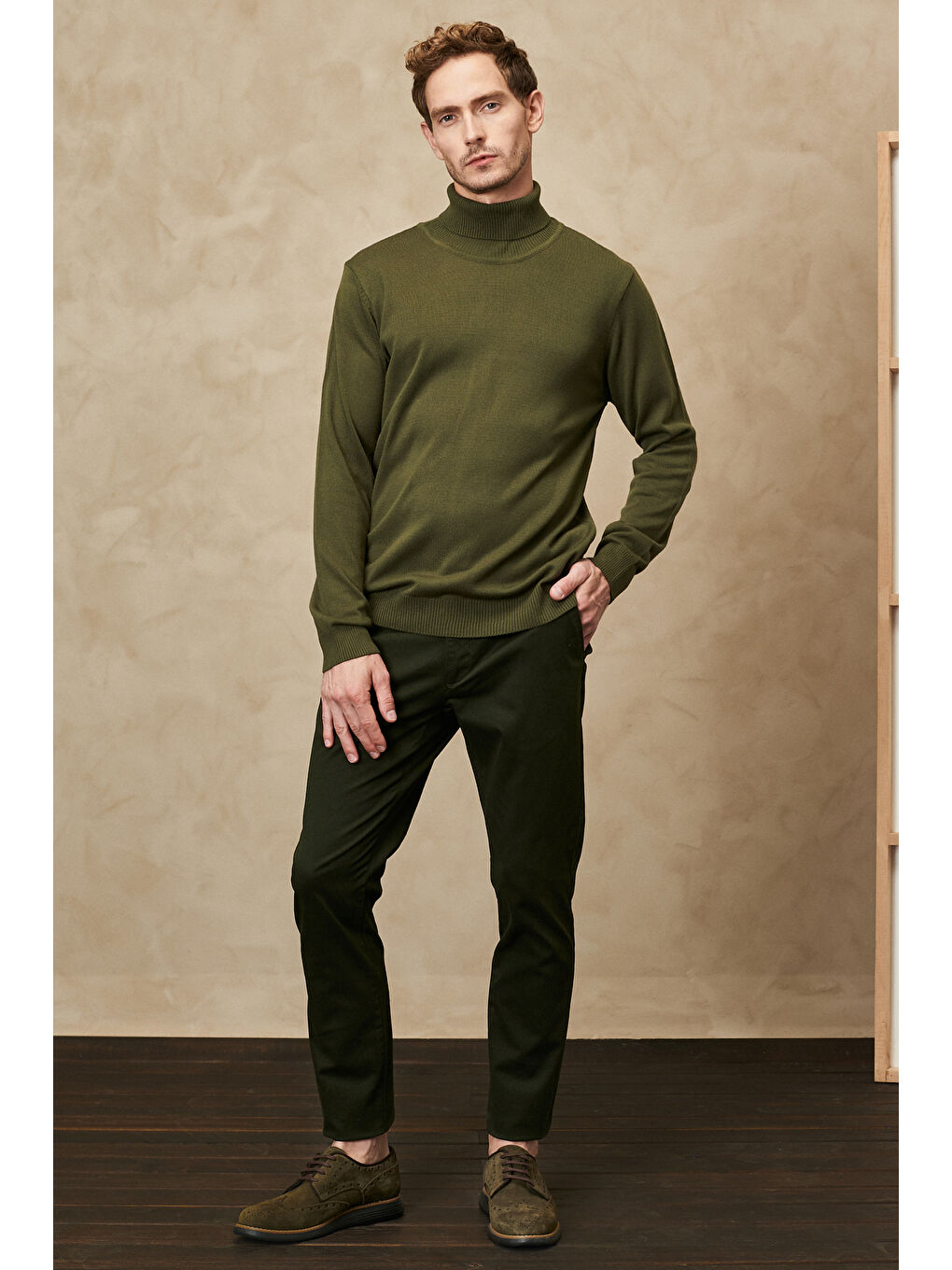 Erkek Haki Slim Fit Dar Kesim Esnek Chino Pantolon-2