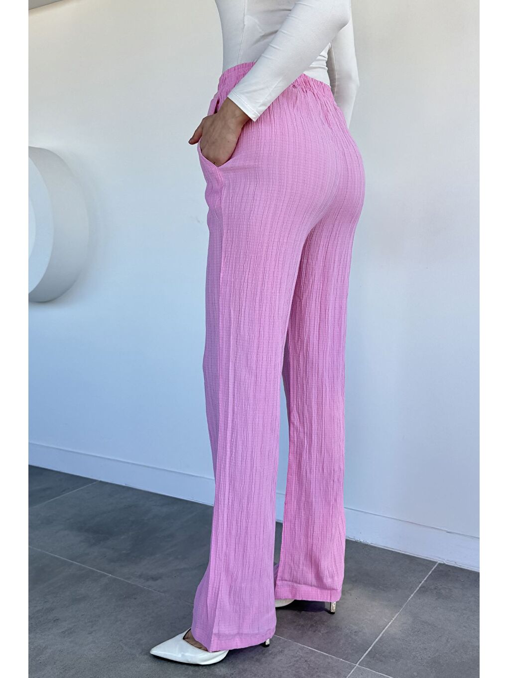 Pembe Kadın Bel Lastikli Pantolon-3