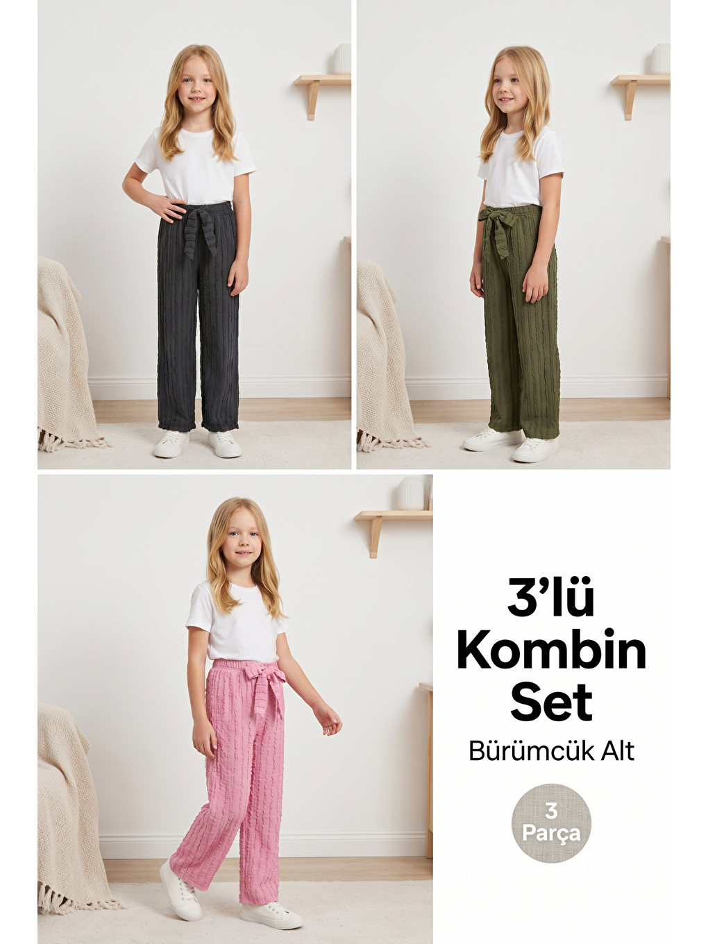 Pembe Kız Çocuk Bürümcük Kumaş Bol Paça Rahat Model Tek Alt (3'lü Paket)