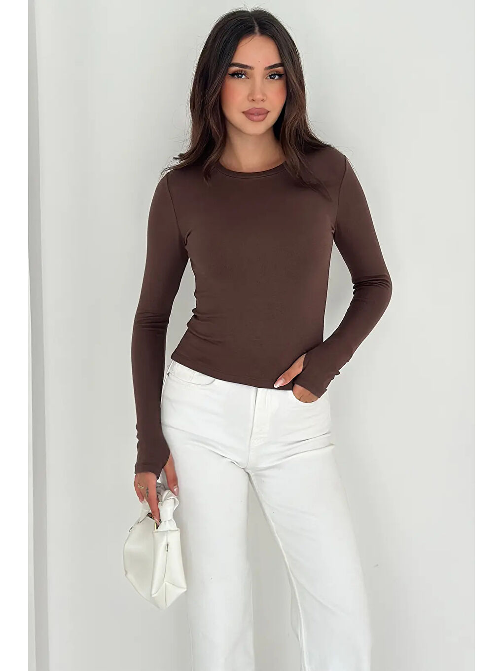Kahverengi Kadın Parmak Geçmeli Uzun Kollu Bluz – Vücuda Oturan & Astarsız-4