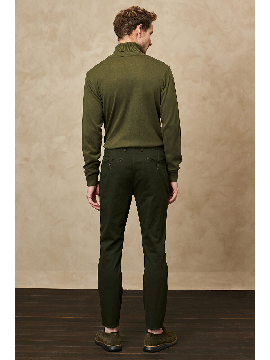Erkek Haki Slim Fit Dar Kesim Esnek Chino Pantolon-3