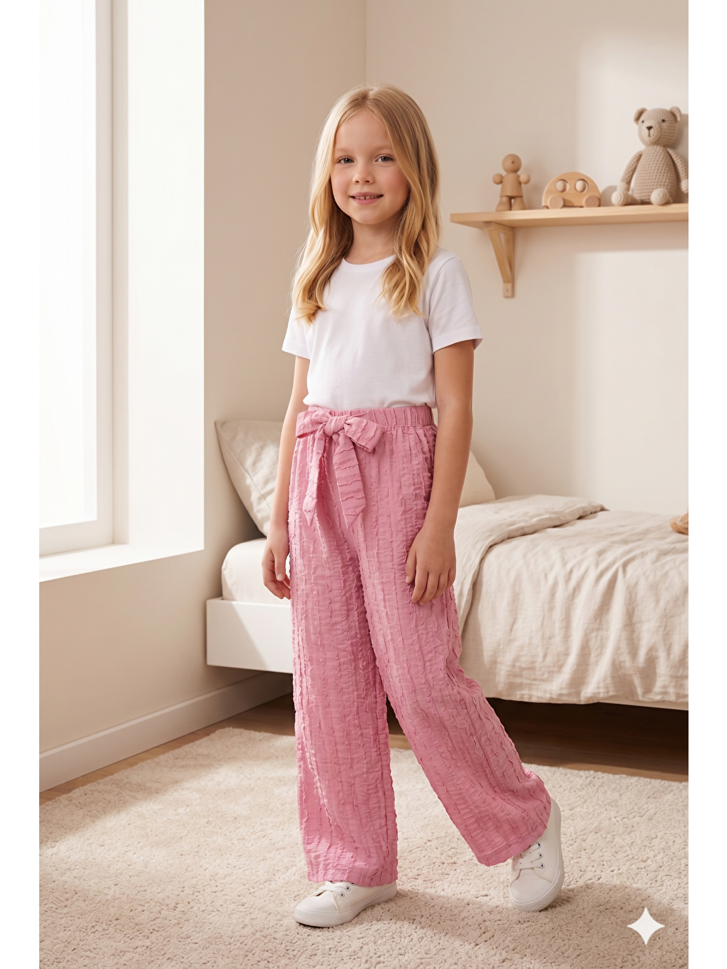 Pembe Kız Çocuk Bürümcük Kumaş Bol Paça Rahat Model Tek Alt (3'lü Paket)-1