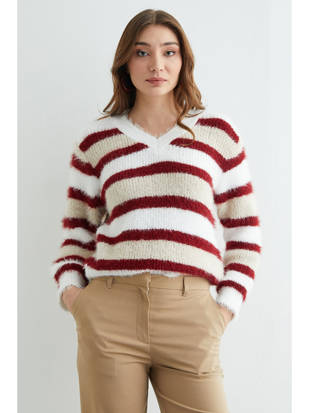 Bordo Sakallı Şeritli V Yaka Triko Kazak-1