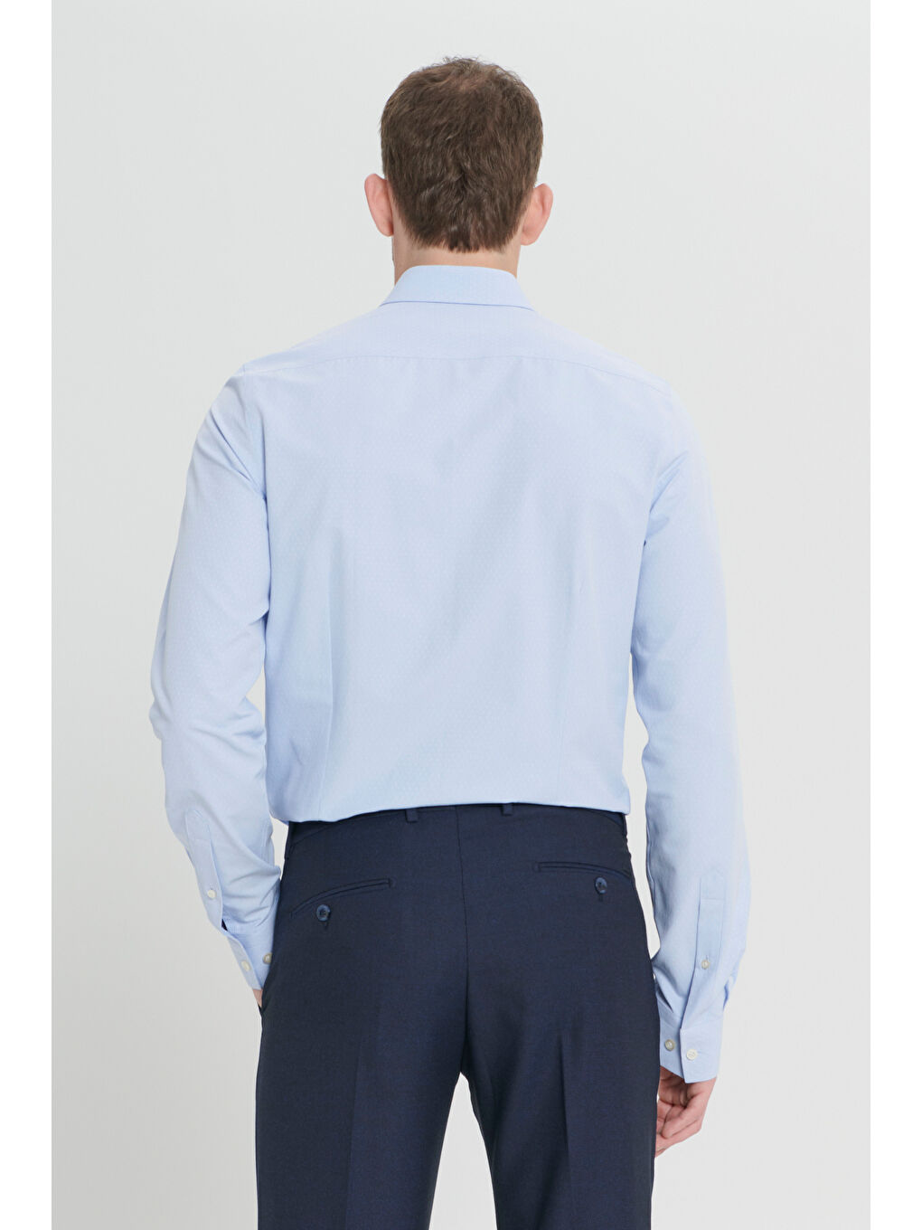 Erkek Açık Mavi Pamuklu Slim Fit Dar Kesim Klasik Yaka Armürlü Gömlek-5