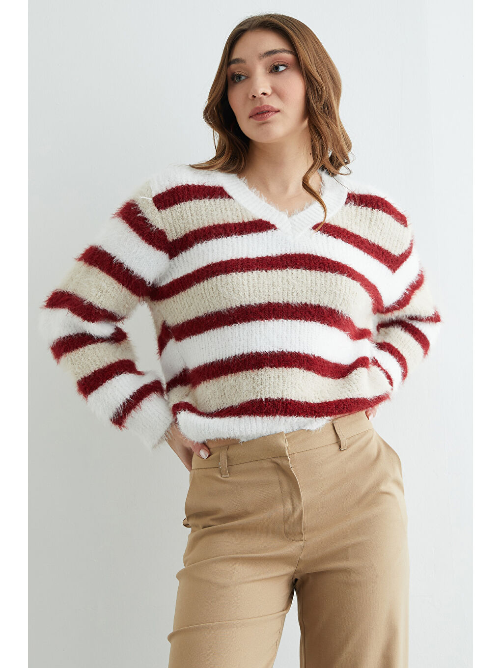 Bordo Sakallı Şeritli V Yaka Triko Kazak-3