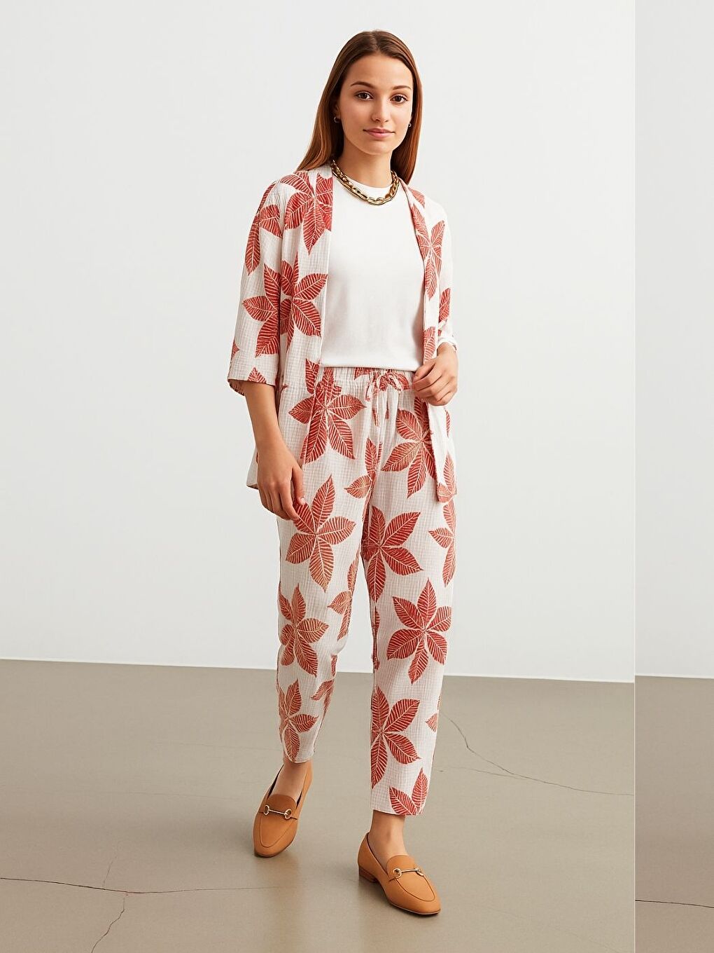 Kadın Turuncu Beyaz Çiçek Desenli Kimono Gömlek Pantolon Takım