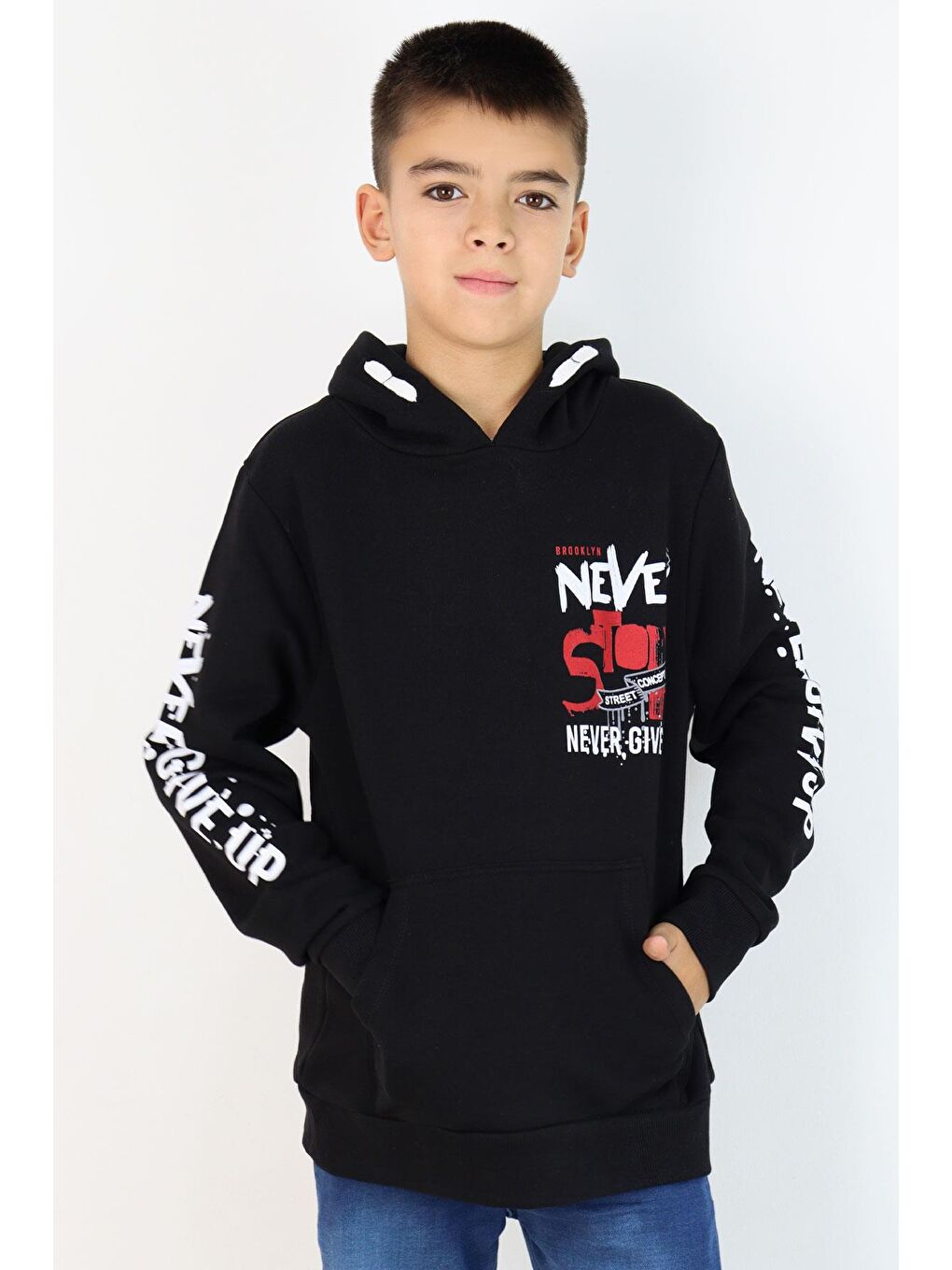 Erkek Çocuk Sweatshirt Kanguru Cepli Kapüşonlu Siyah (9-16 Yaş)