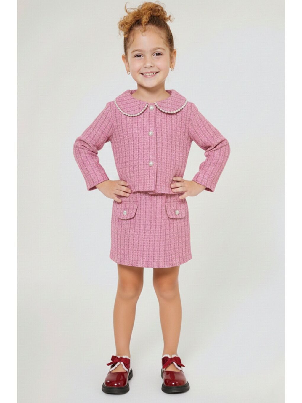 Pembe Kız Çocuk Bayramlık İnci Detaylı Tüvit Takım 12545-1