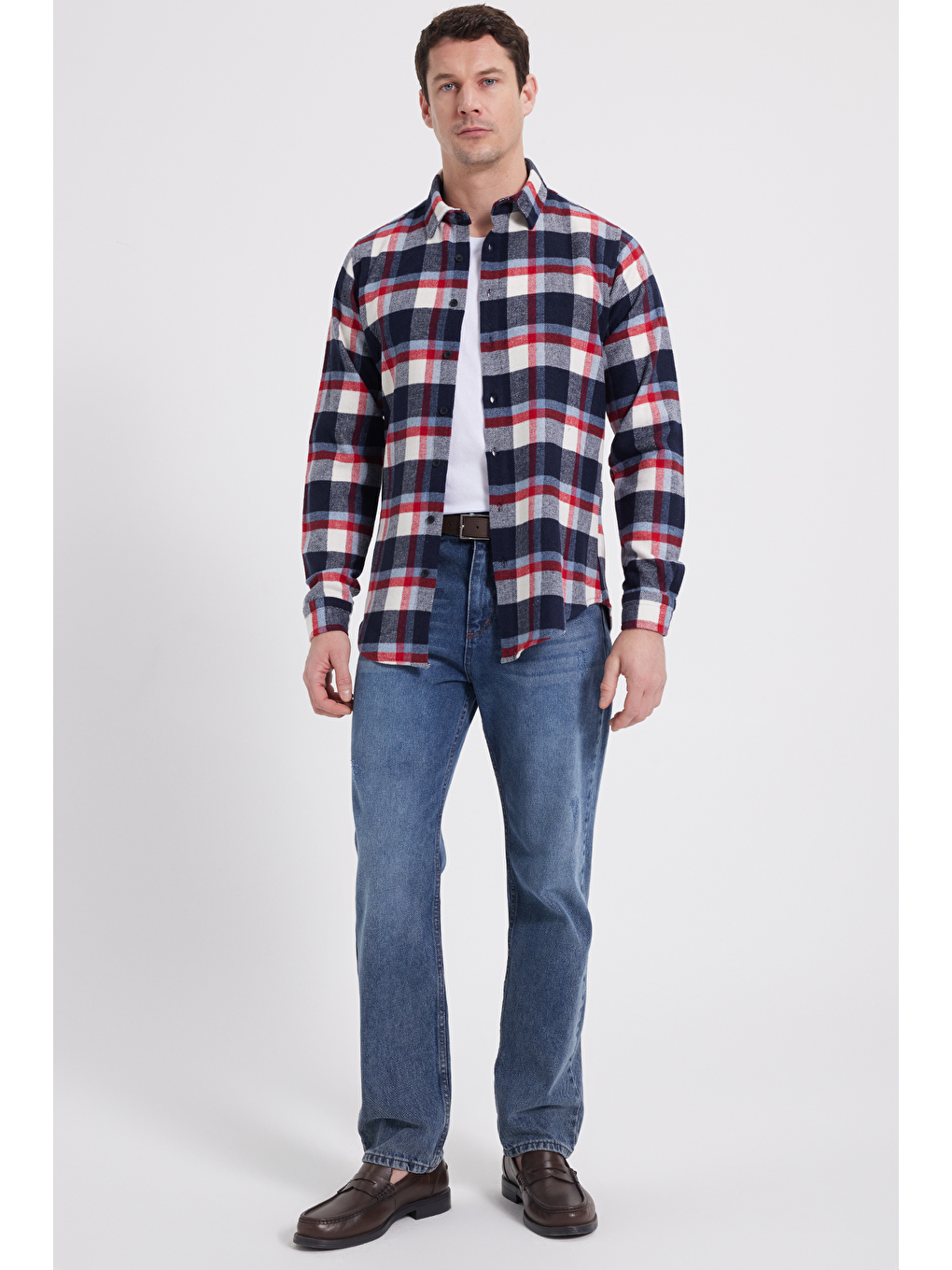 Ekru Erkek Slim Fit Dar Kesim Kareli Kışlık Oduncu Gömlek-1