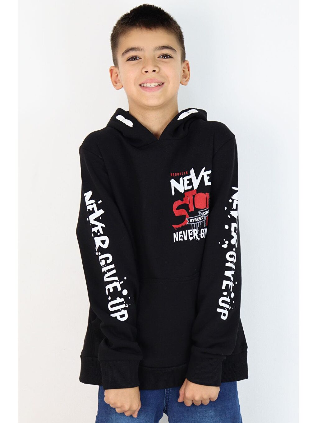 Erkek Çocuk Sweatshirt Kanguru Cepli Kapüşonlu Siyah (9-16 Yaş)-1