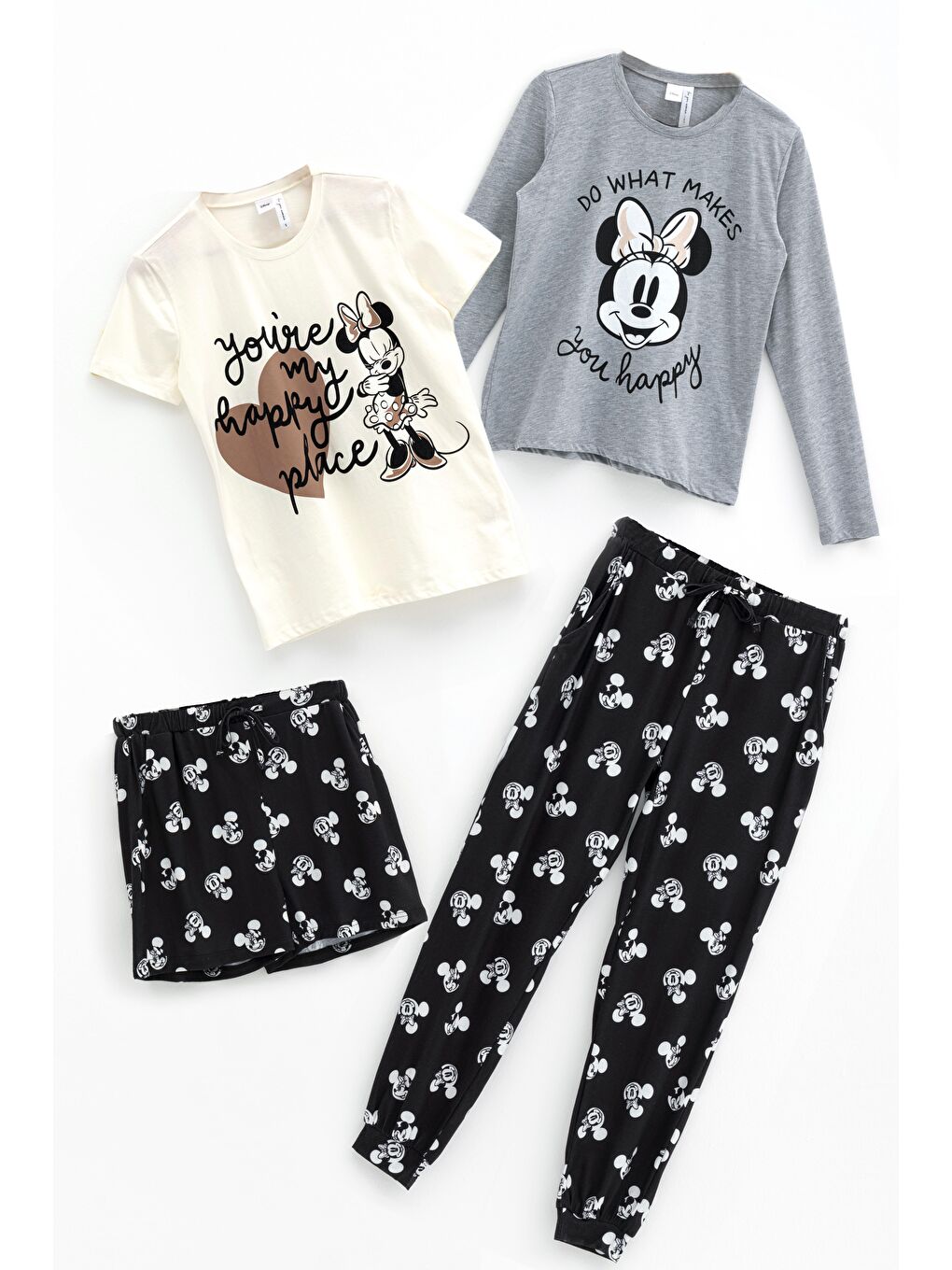 For You Moda Siyah 4'lü Minnie Mouse Siyah-Gri Pijama Takımı