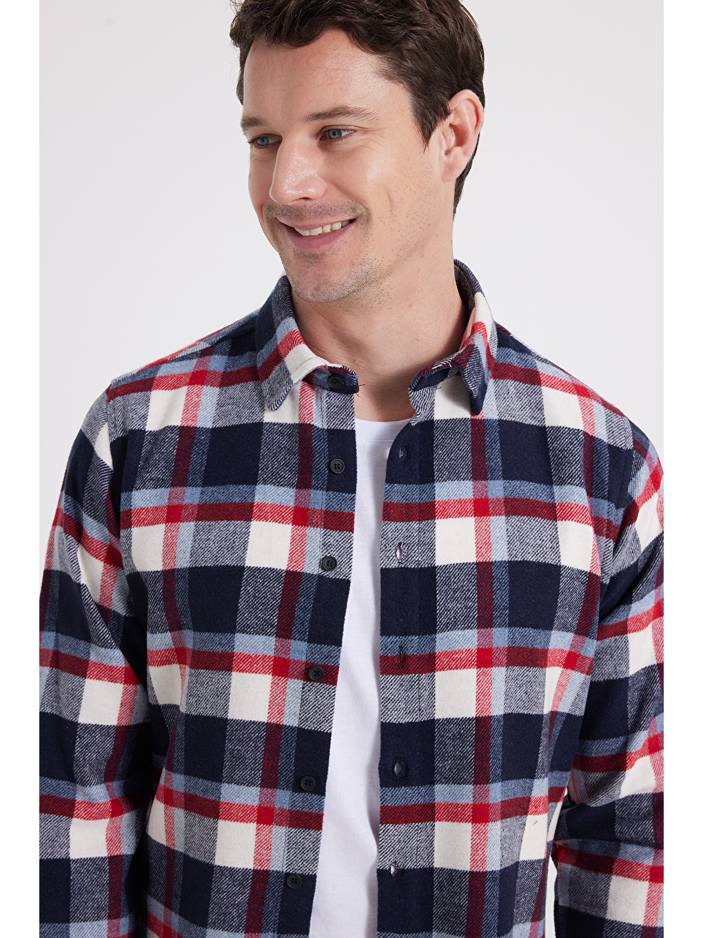 Ekru Erkek Slim Fit Dar Kesim Kareli Kışlık Oduncu Gömlek-2