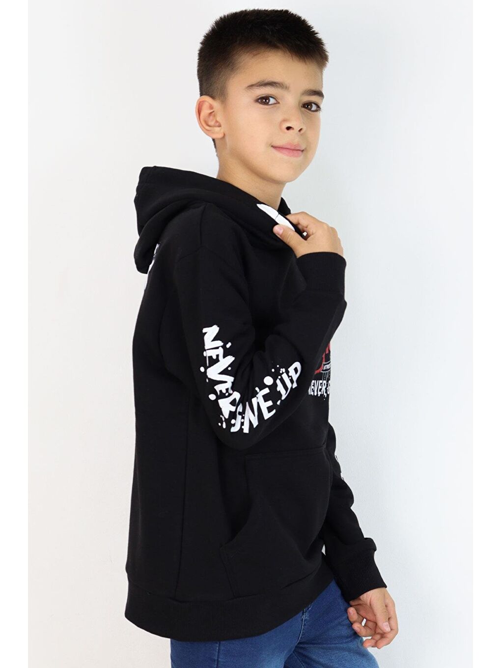 Erkek Çocuk Sweatshirt Kanguru Cepli Kapüşonlu Siyah (9-16 Yaş)-2