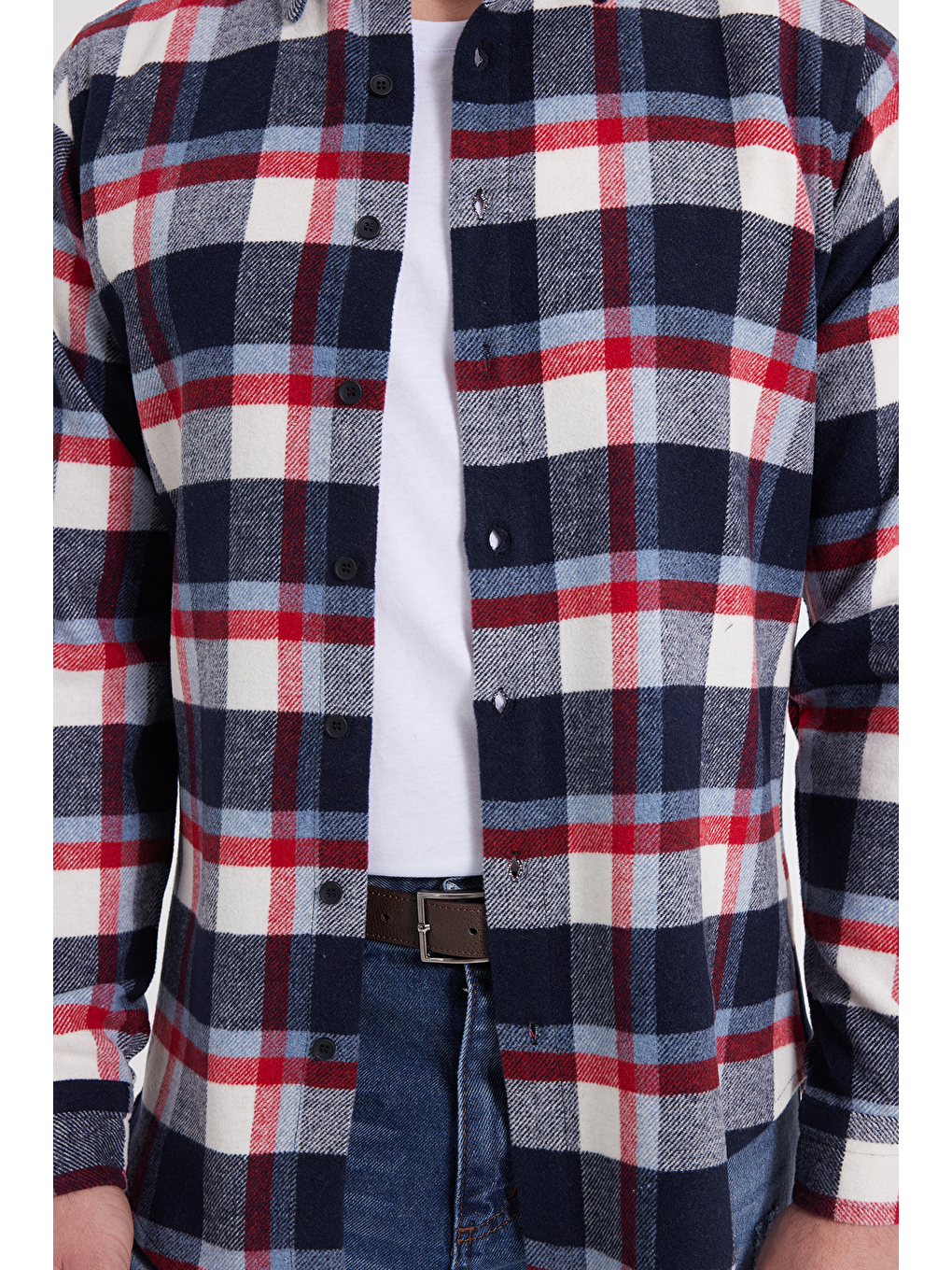 Ekru Erkek Slim Fit Dar Kesim Kareli Kışlık Oduncu Gömlek-3