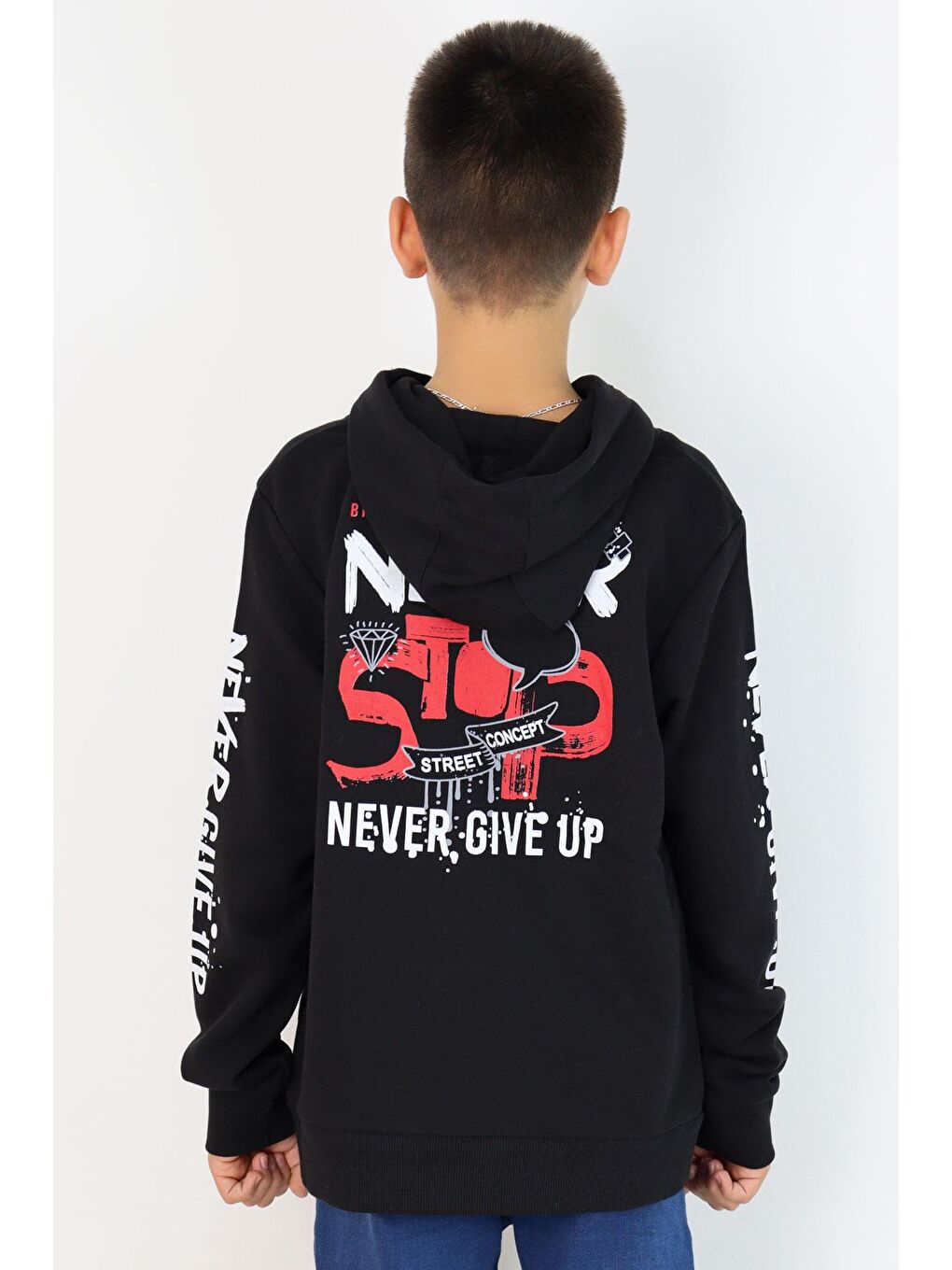 Erkek Çocuk Sweatshirt Kanguru Cepli Kapüşonlu Siyah (9-16 Yaş)-3