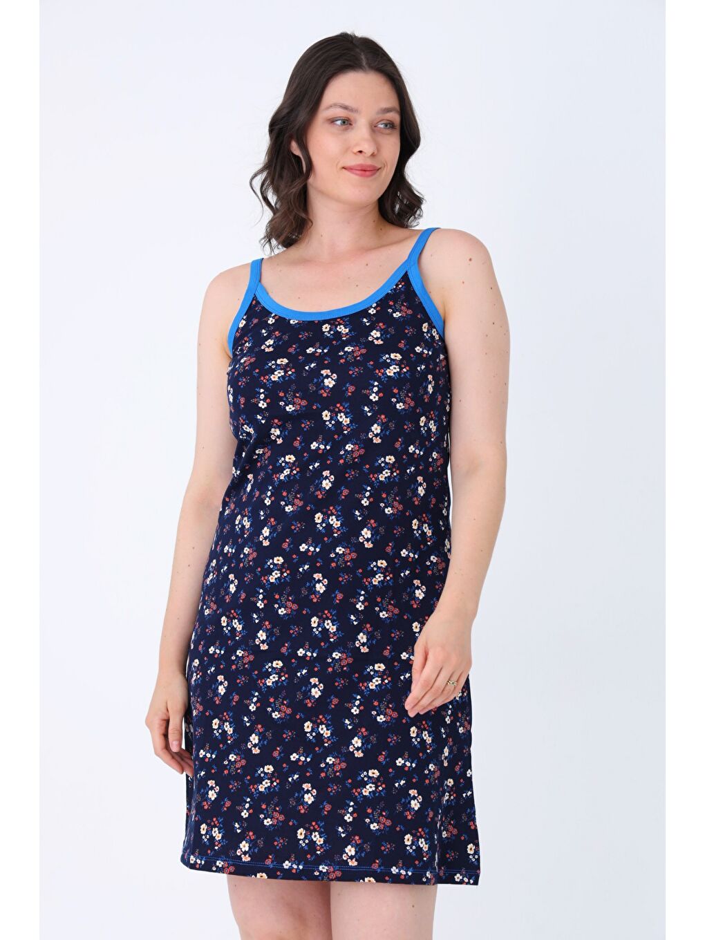Kadın Lacivert Desenli %100 Pamuk Askılı Elbise