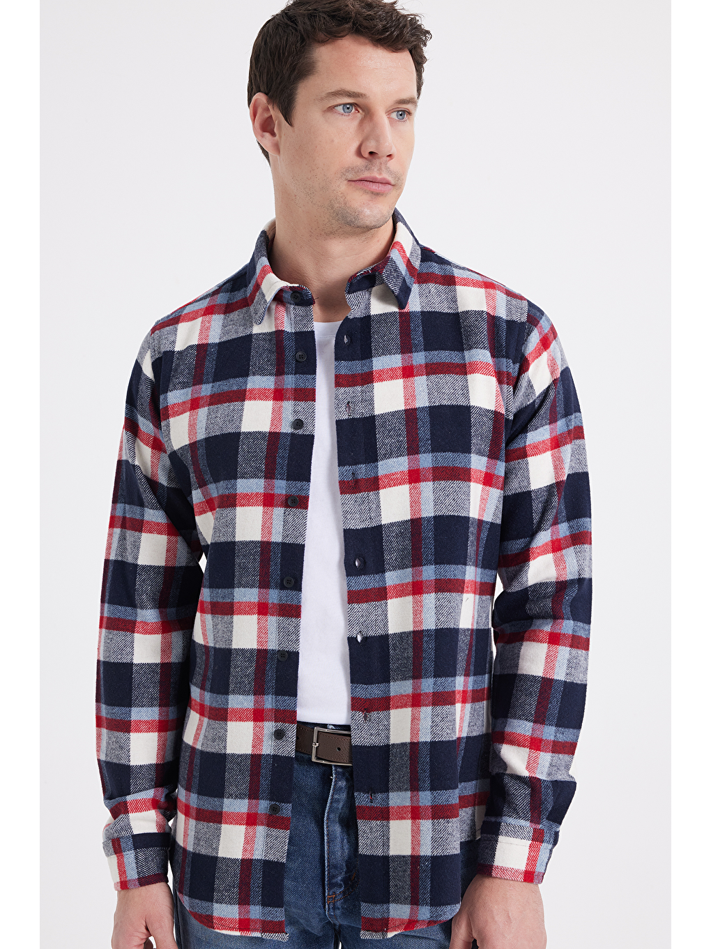 Ekru Erkek Slim Fit Dar Kesim Kareli Kışlık Oduncu Gömlek-6