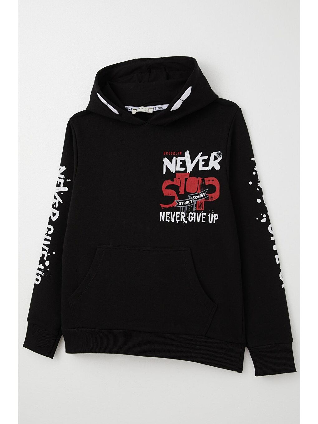 Erkek Çocuk Sweatshirt Kanguru Cepli Kapüşonlu Siyah (9-16 Yaş)-7