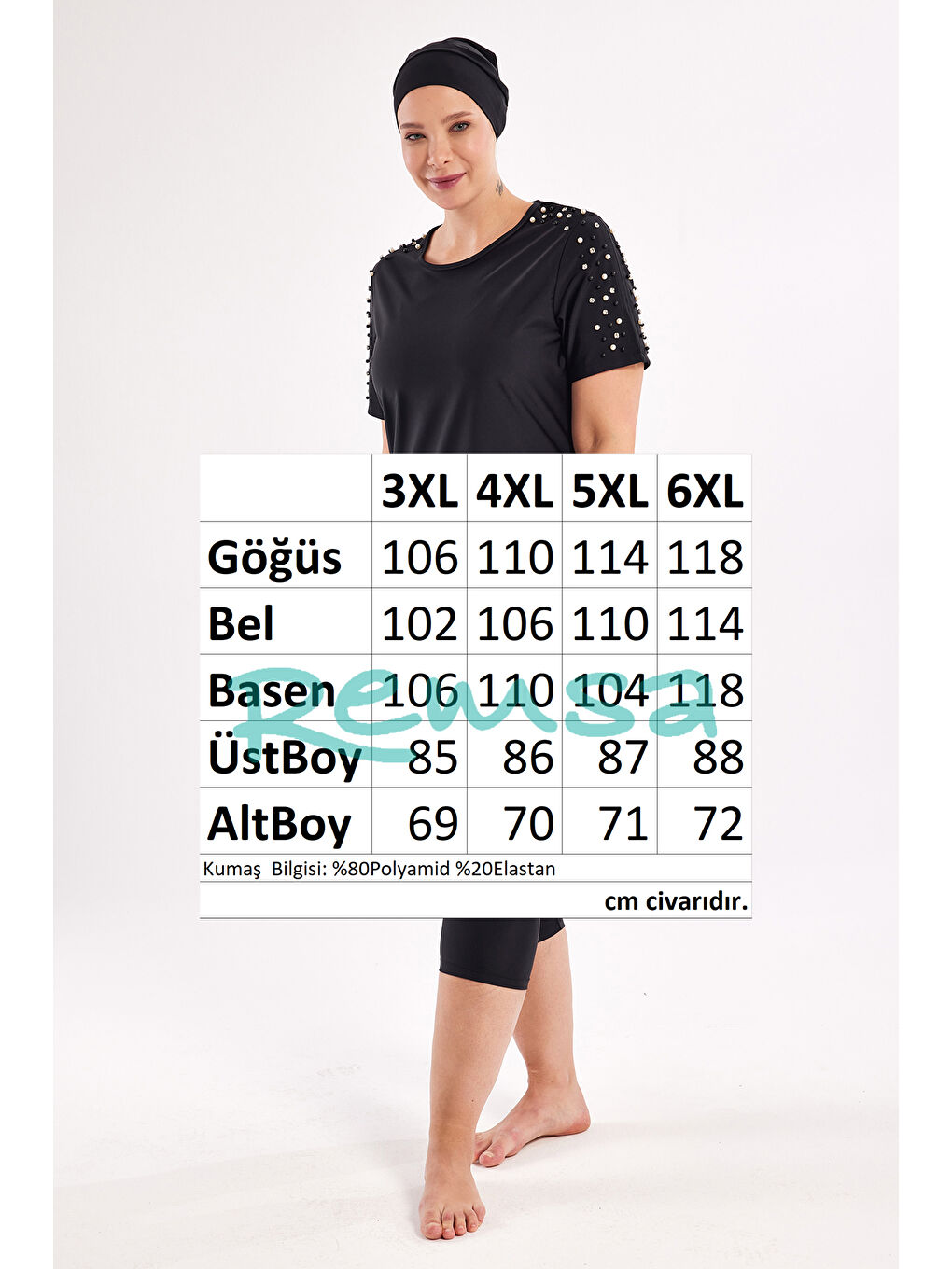 UV Korumalı Büyük Beden Yarı Kapalı Tesettür Mayo 1805 Siyah-2