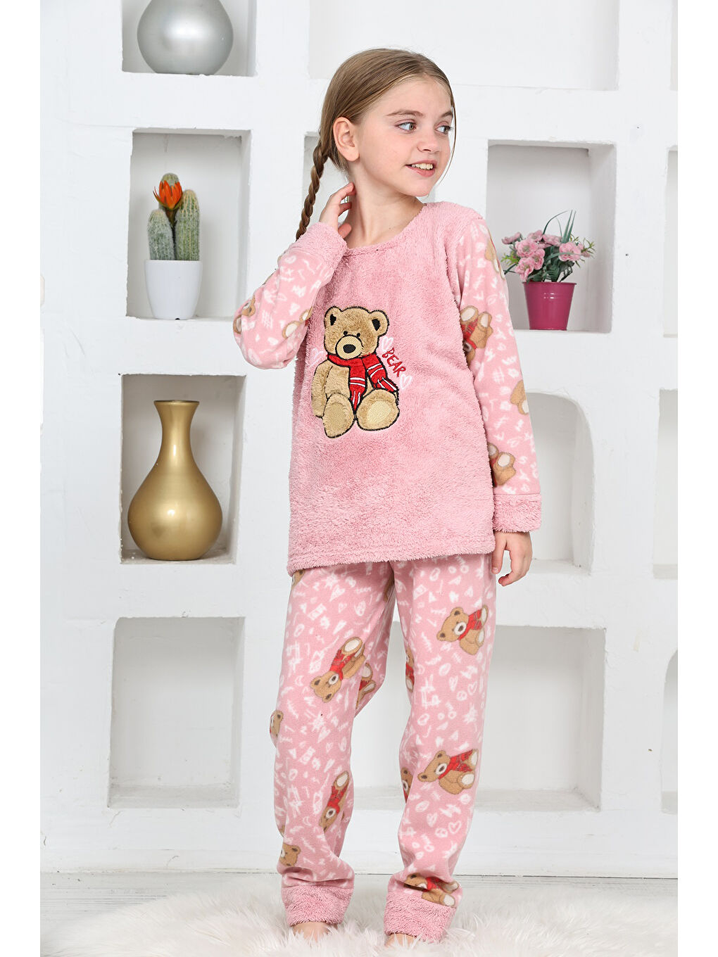 Pembe Kız Çocuk Welsoft Kumaş-Göz Bantlı Ayıcık Baskılı Pijama Takımı 12293