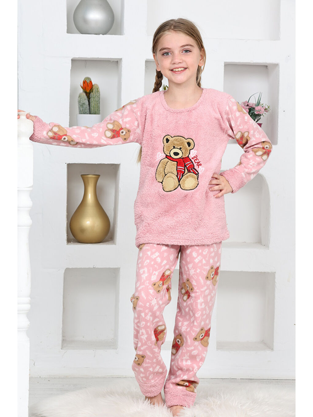 Pembe Kız Çocuk Welsoft Kumaş-Göz Bantlı Ayıcık Baskılı Pijama Takımı 12293-1