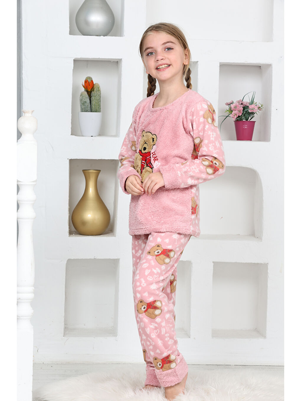 Pembe Kız Çocuk Welsoft Kumaş-Göz Bantlı Ayıcık Baskılı Pijama Takımı 12293-2