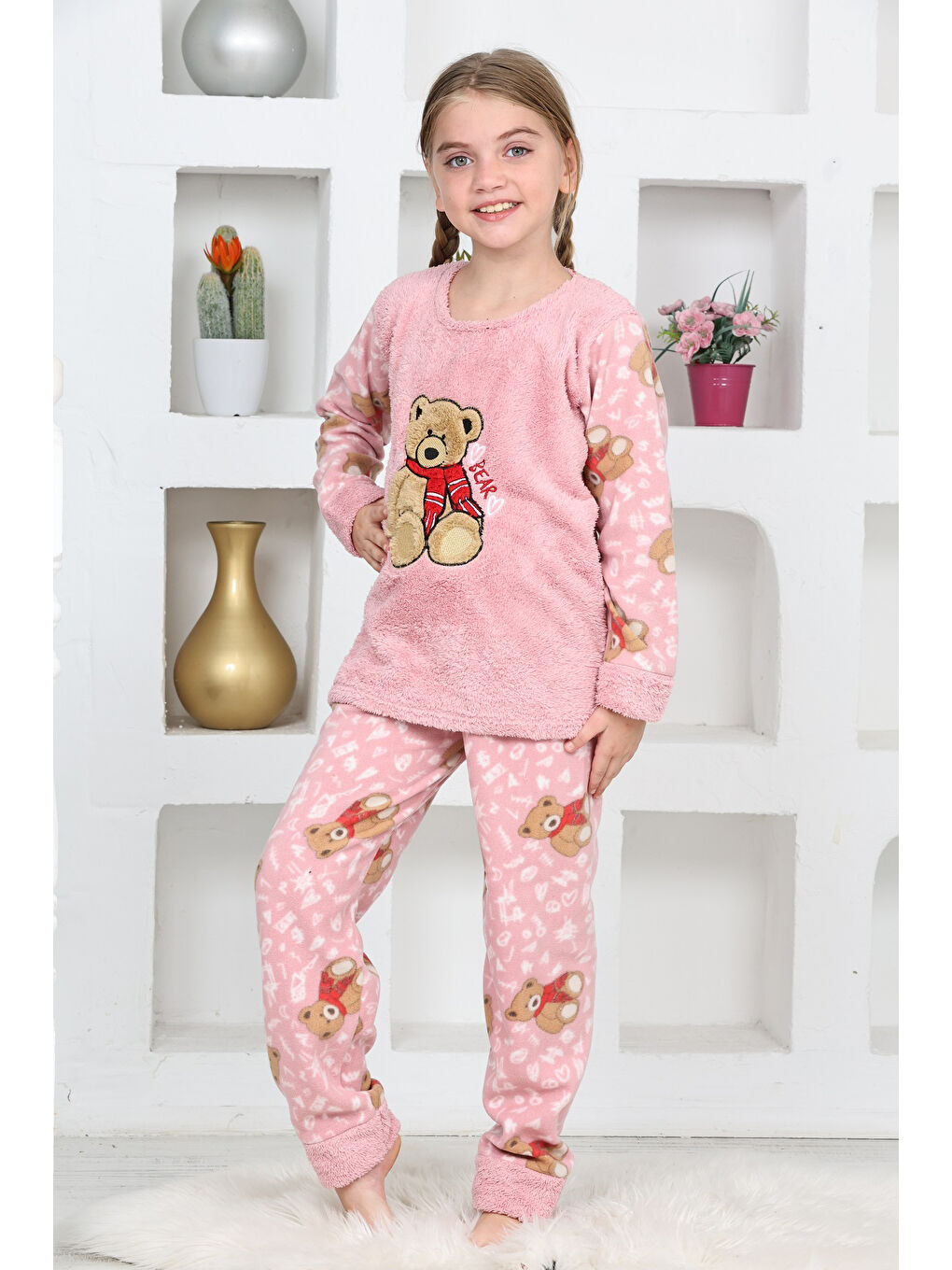 Pembe Kız Çocuk Welsoft Kumaş-Göz Bantlı Ayıcık Baskılı Pijama Takımı 12293-3