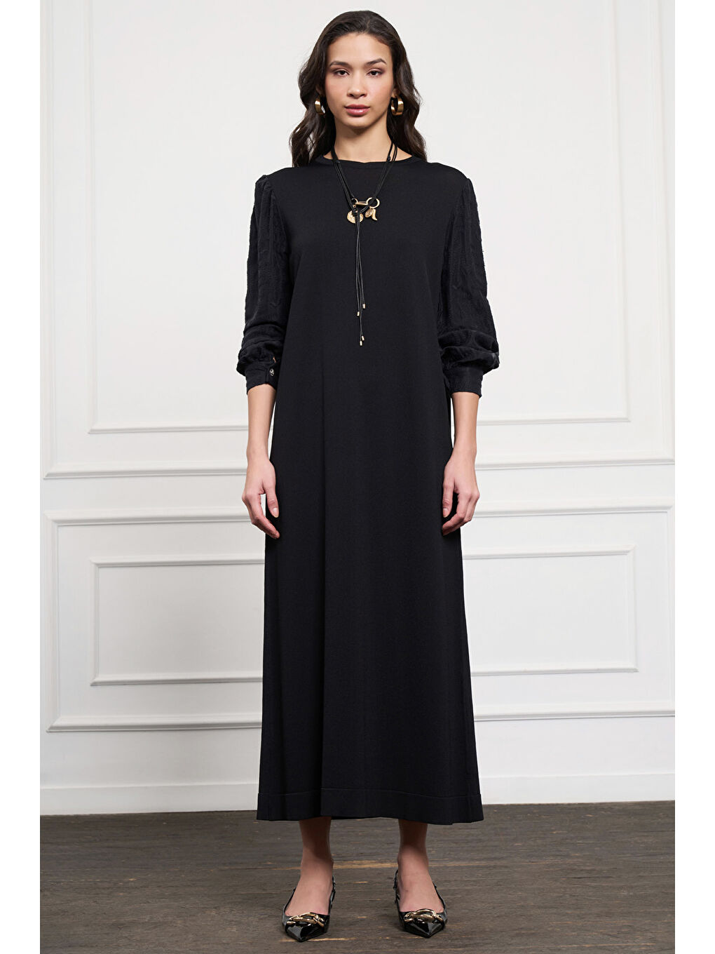 Kolları Dokulu Elbise 2062 Siyah-1