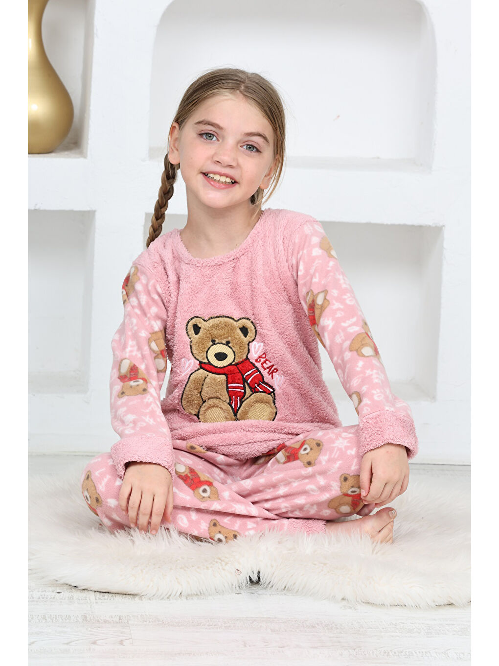 Pembe Kız Çocuk Welsoft Kumaş-Göz Bantlı Ayıcık Baskılı Pijama Takımı 12293-4