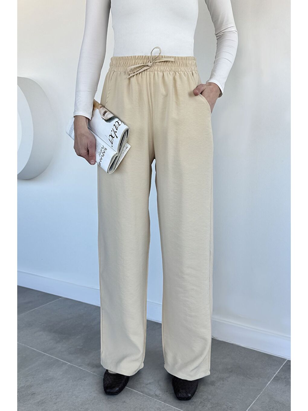 Bej Kadın Bel Lastikli Yüksek Bel Palazzo Pantolon-1