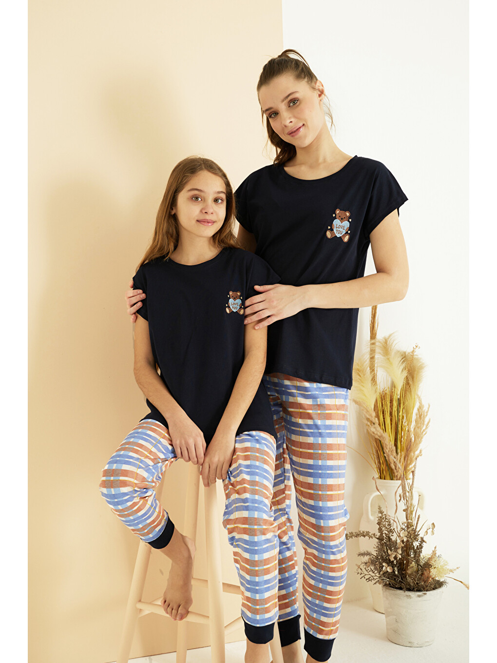 Lacivert Desenli Pamuklu Bisiklet Yaka Örme Pijama Takım25107135