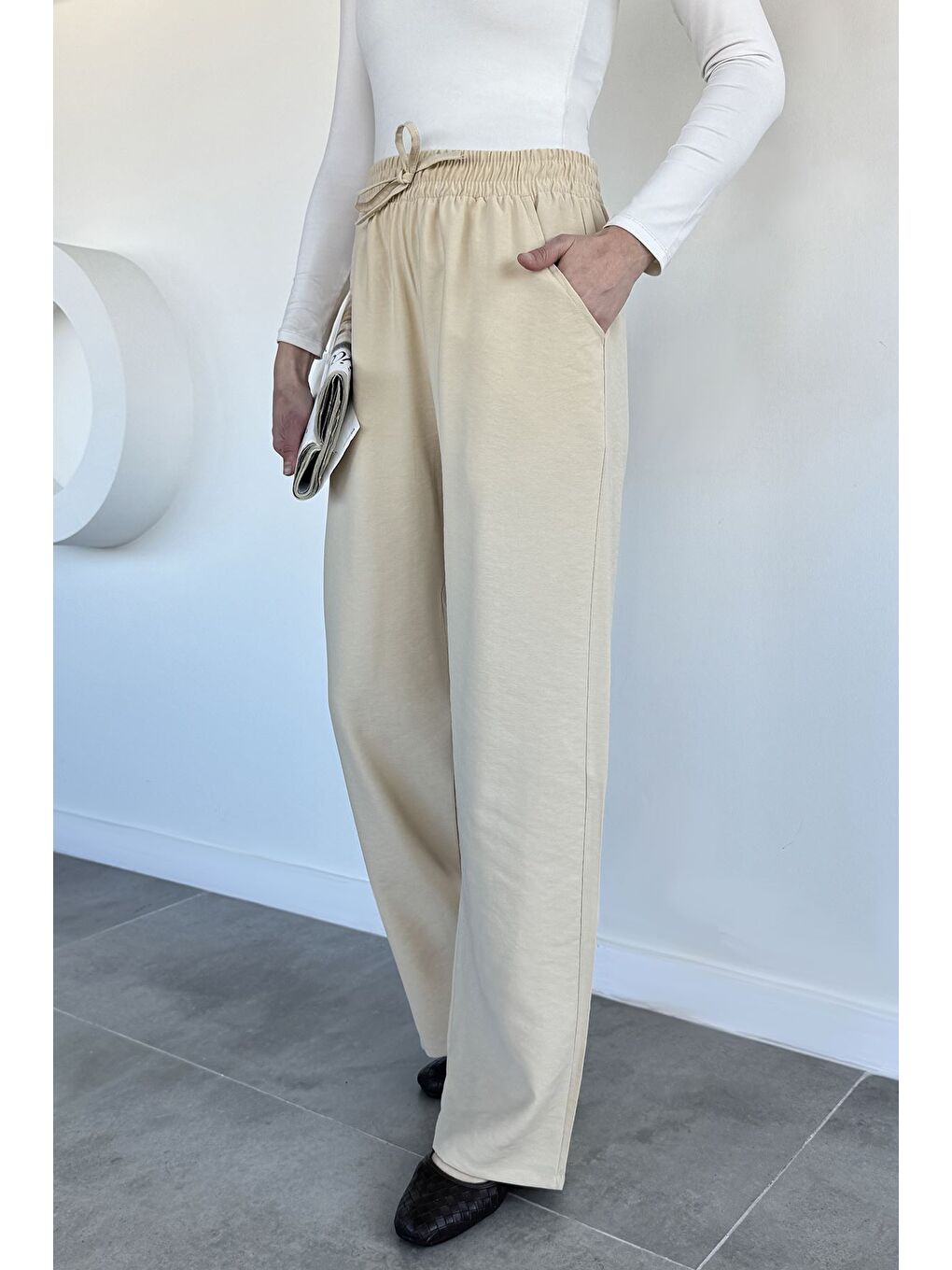 Bej Kadın Bel Lastikli Yüksek Bel Palazzo Pantolon-2