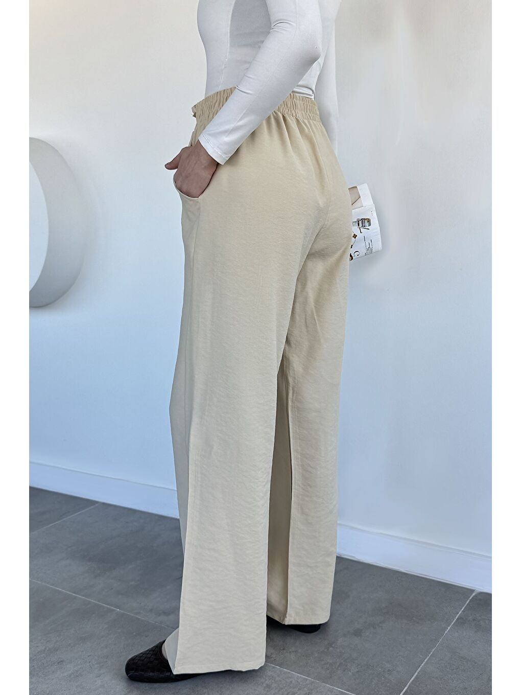 Bej Kadın Bel Lastikli Yüksek Bel Palazzo Pantolon-3