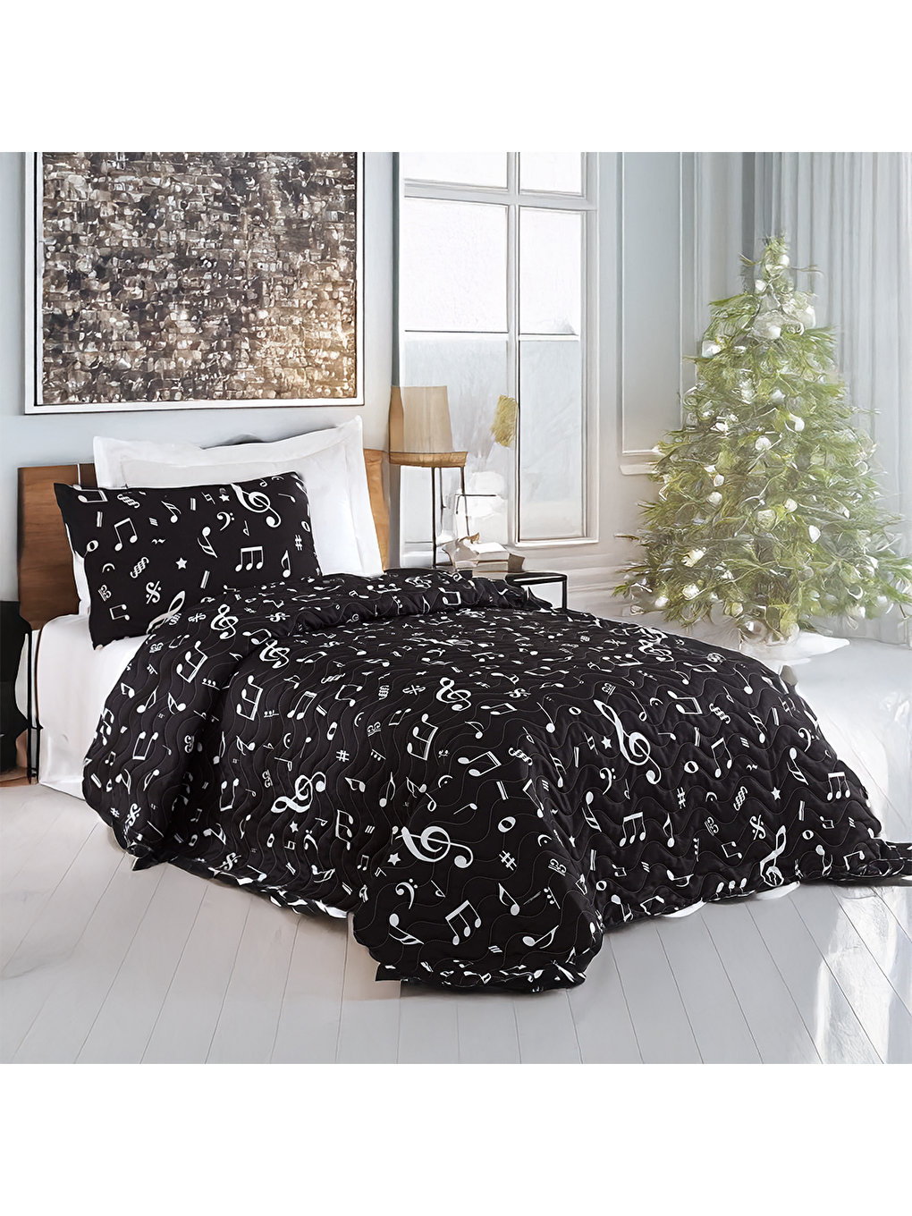 Kapitone Yatak Örtüsü Seti Tek Kişilik B&W Melodiy Siyah