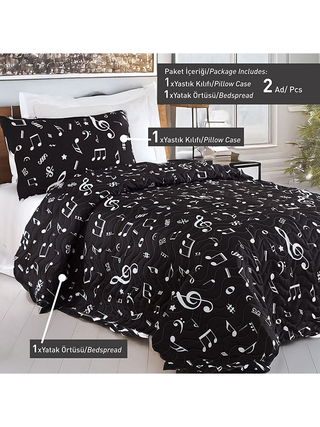Kapitone Yatak Örtüsü Seti Tek Kişilik B&W Melodiy Siyah-3