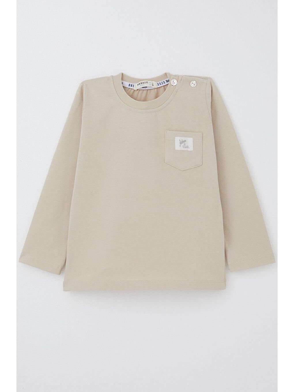 Erkek Bebek Uzun Kollu Tişört Cep Detaylı Cool Yazı Armalı Bej (9 Ay-3 Yaş)