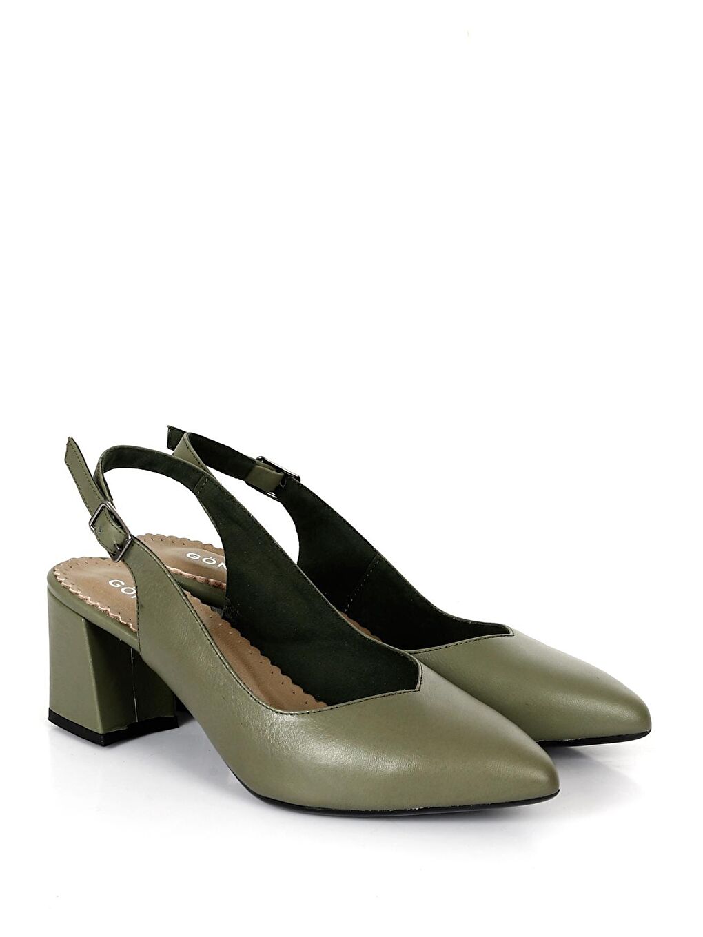 HAKİ  Hakiki Deri Sivri Burun Orta Kalın Topuklu Arkası Açık Kadın Yazlık Ayakkabı 24118-4