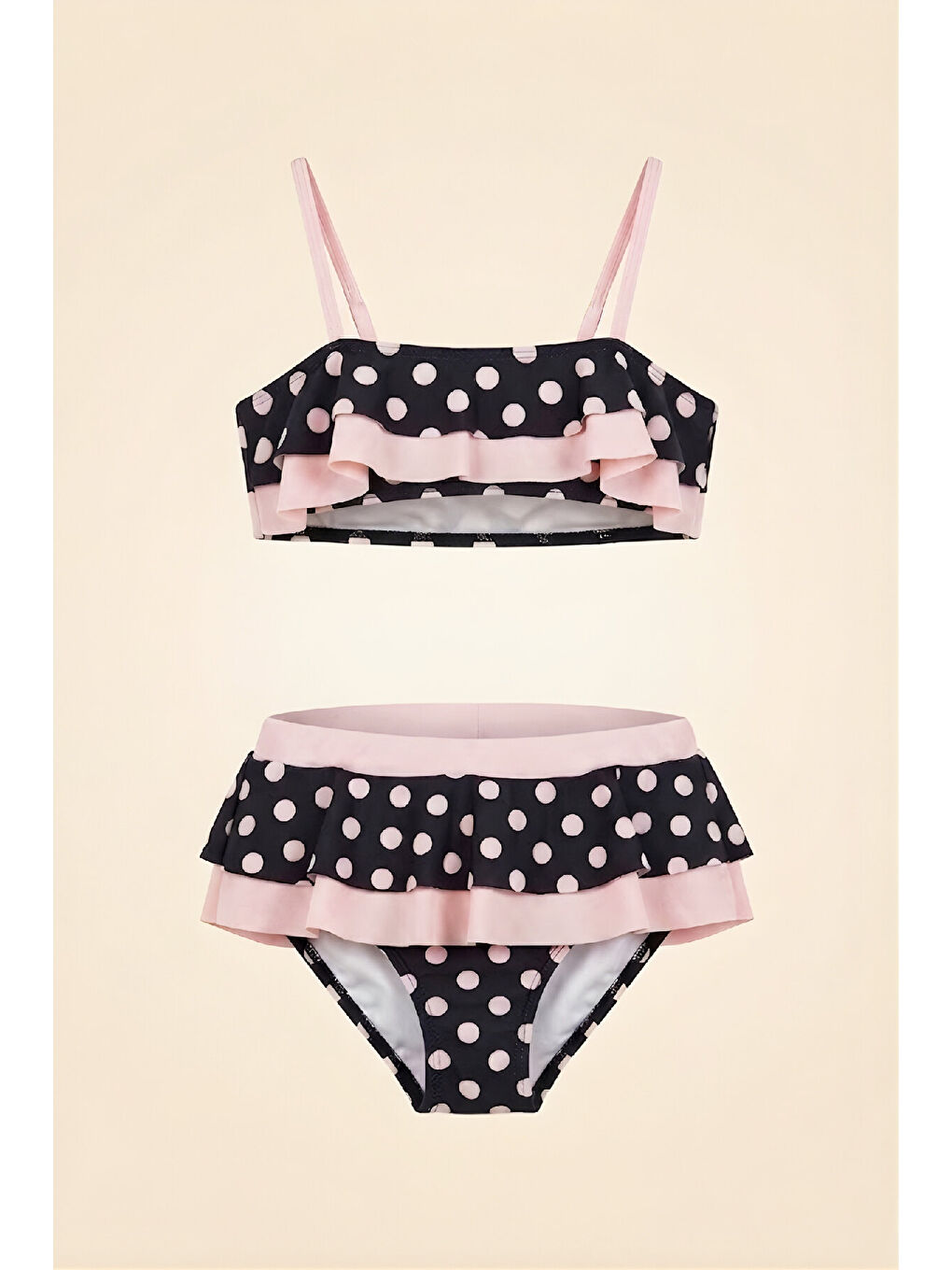 Siyah Kız Çocuk Volan Detaylı Ve Puantiye Desenli Mayo Takımı 8-12 Yaş 12599B