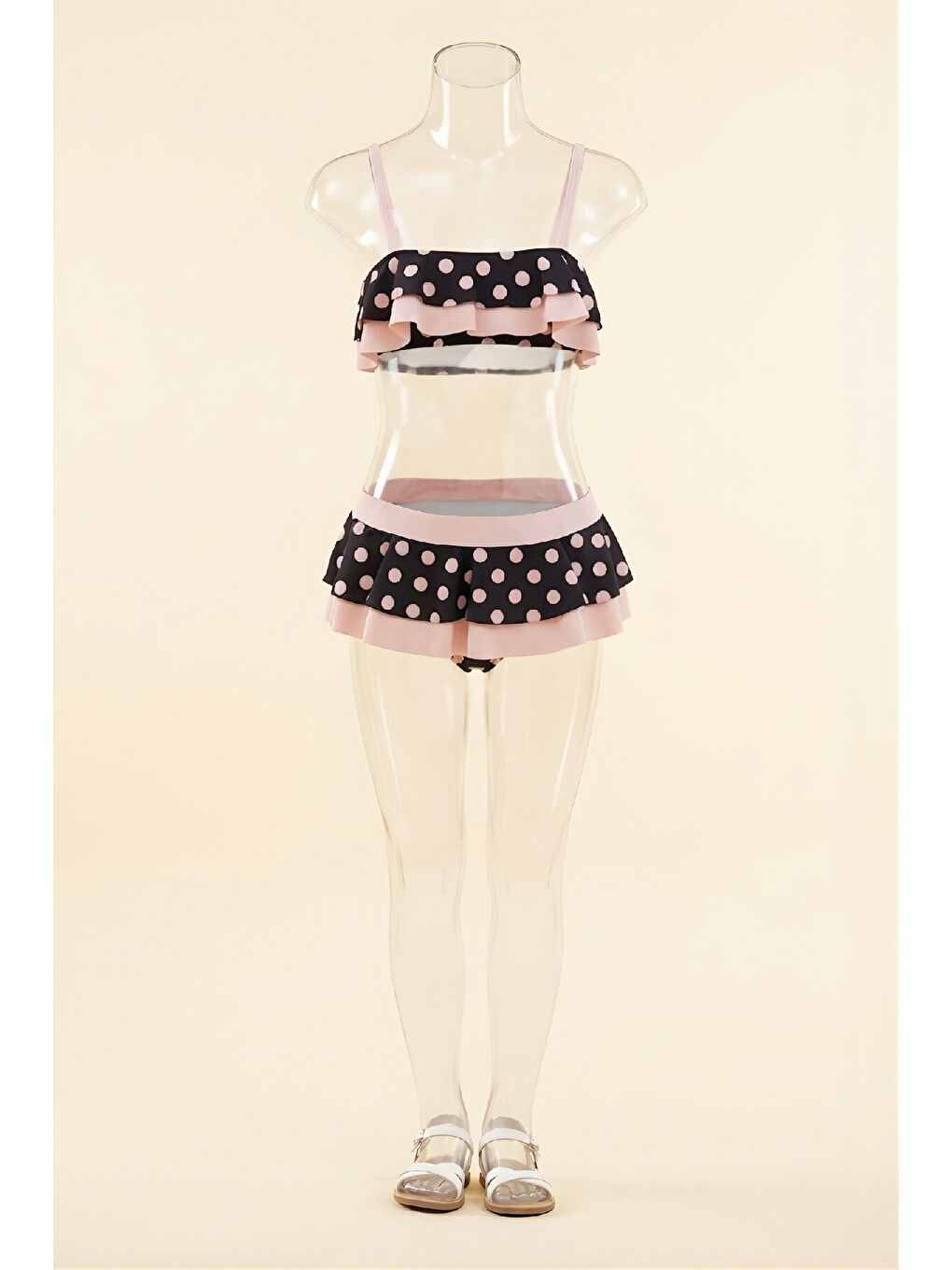 Siyah Kız Çocuk Volan Detaylı Ve Puantiye Desenli Mayo Takımı 8-12 Yaş 12599B-1