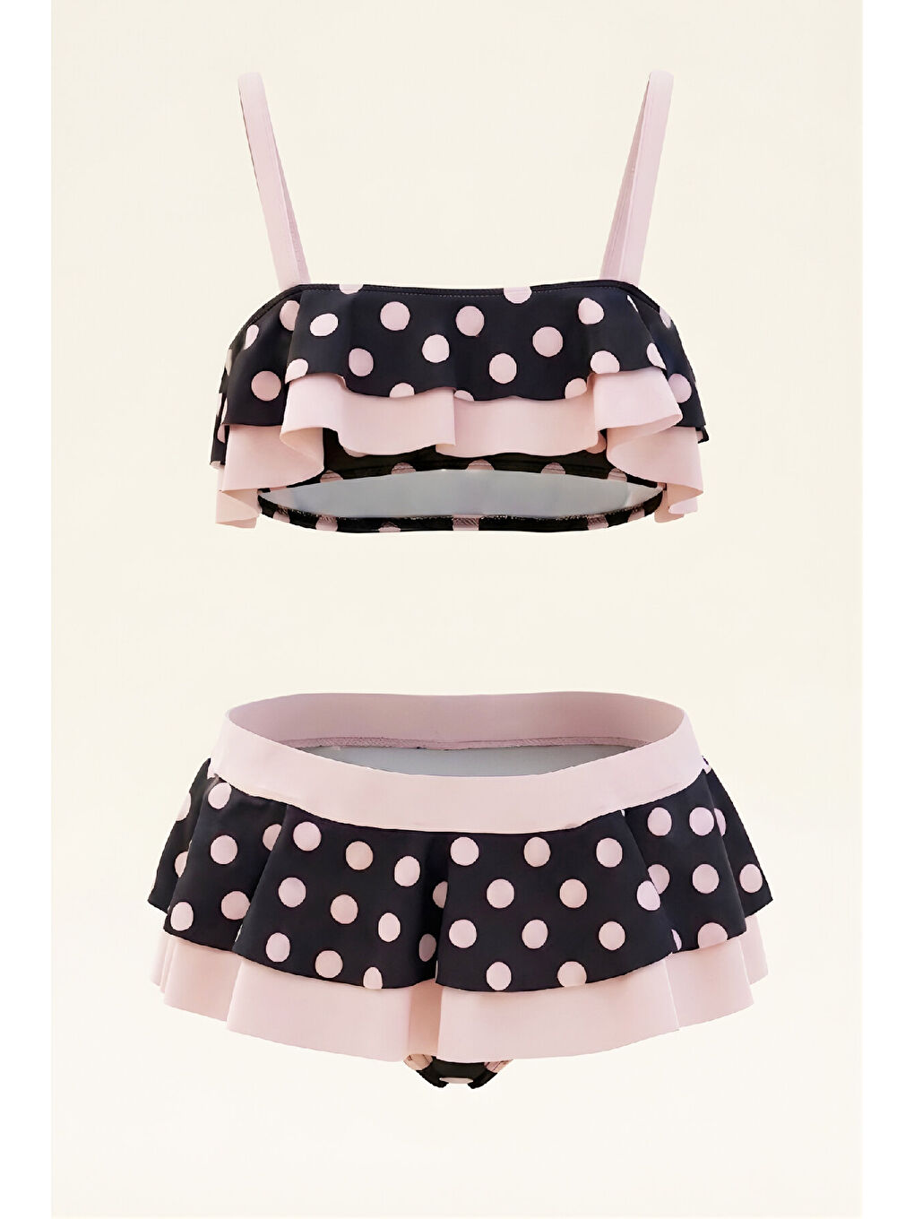 Siyah Kız Çocuk Volan Detaylı Ve Puantiye Desenli Mayo Takımı 8-12 Yaş 12599B-2