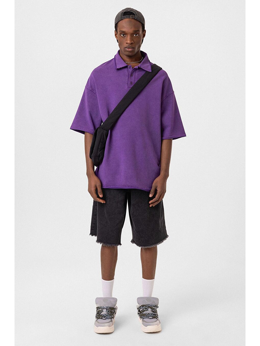 Polo Yaka Yıkamalı Oversize Tişört Mor