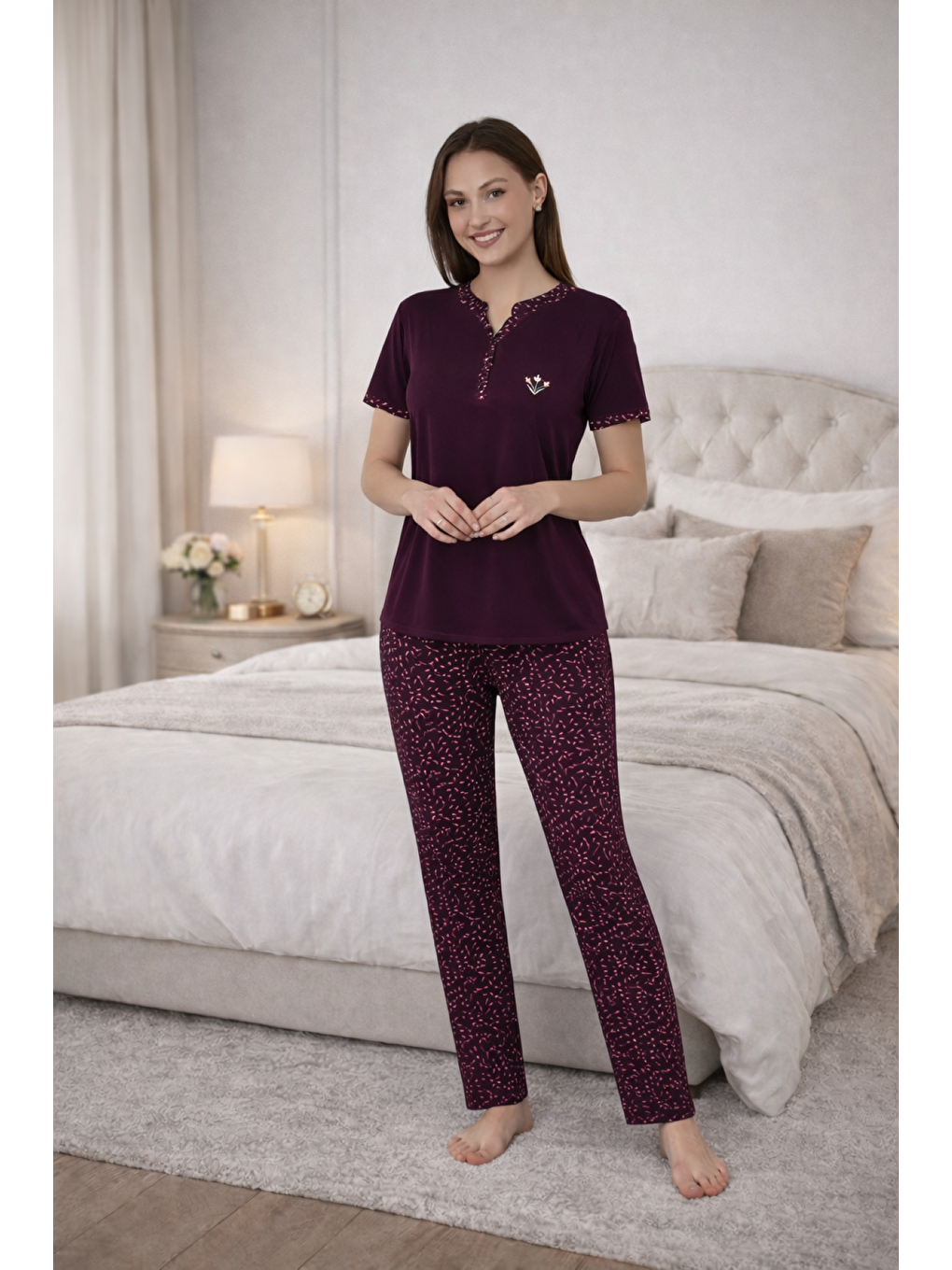 PREMIUM Kadın Mor Viskon Kısa Kollu Düğmeli Yüksek Kalite Pijama takımı