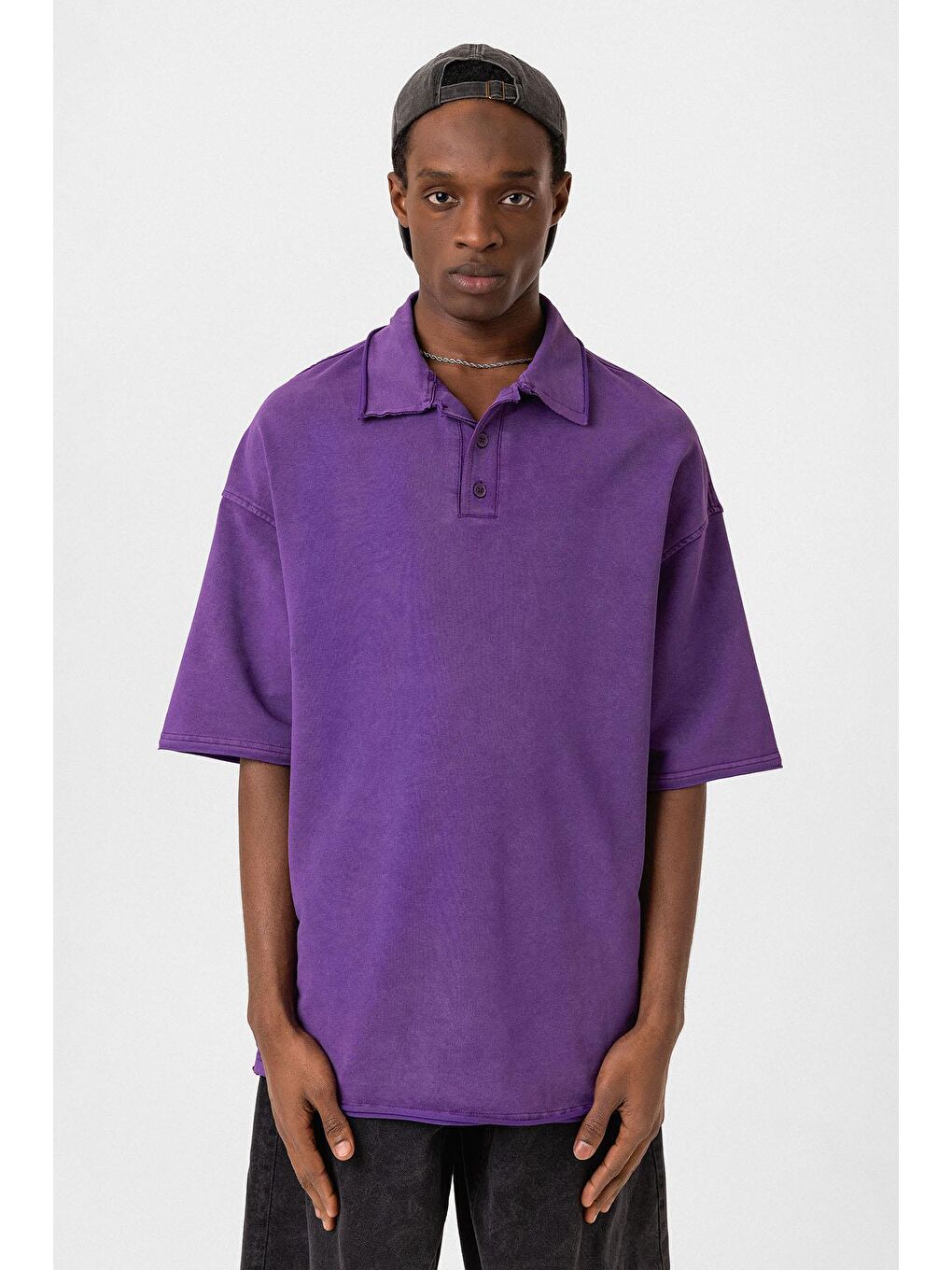 Polo Yaka Yıkamalı Oversize Tişört Mor-2