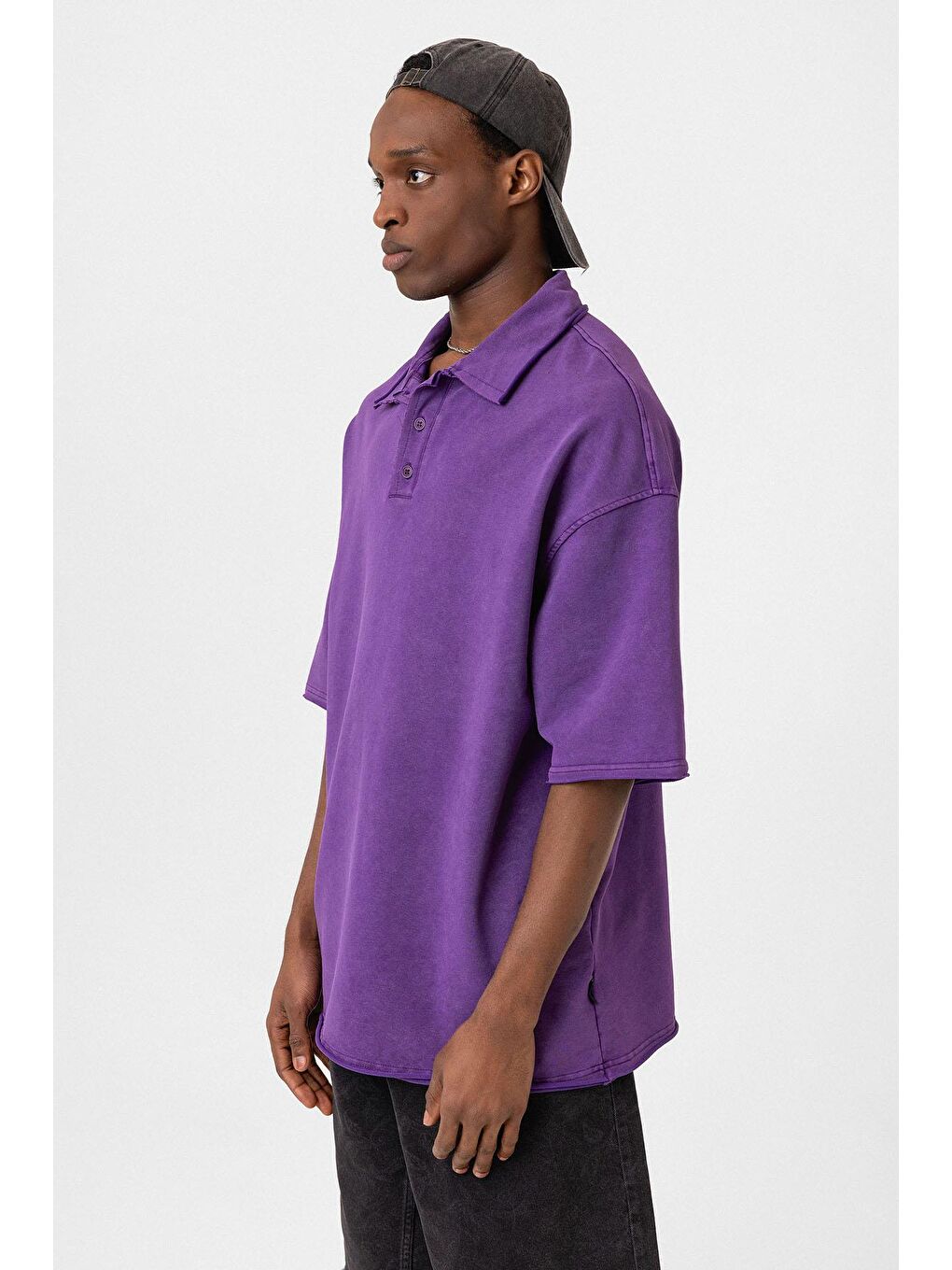 Polo Yaka Yıkamalı Oversize Tişört Mor-3