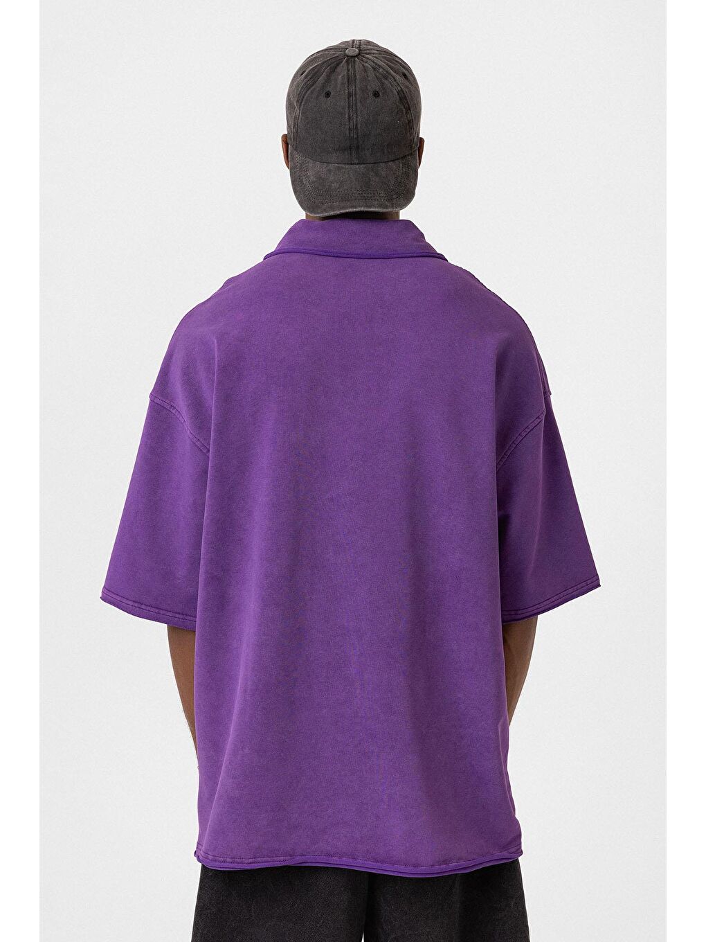 Polo Yaka Yıkamalı Oversize Tişört Mor-4