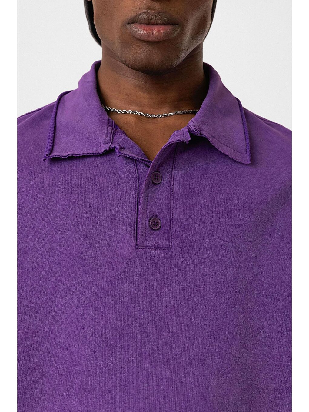 Polo Yaka Yıkamalı Oversize Tişört Mor-5