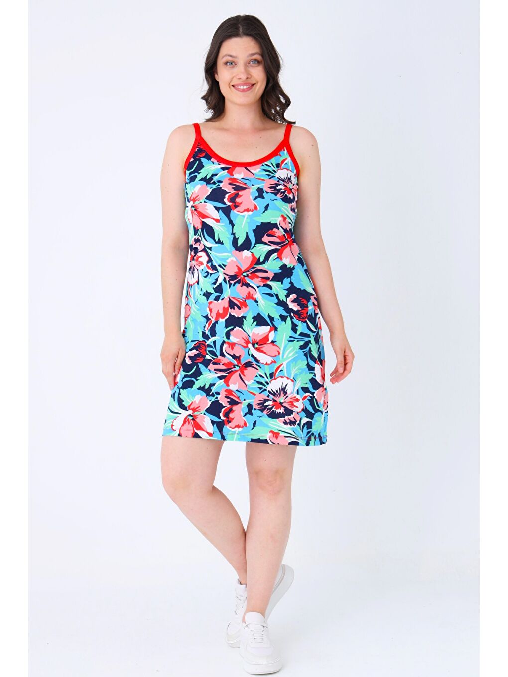 Lacivert Karışık Desenli %100 Pamuk Yazlık Askılı Elbise